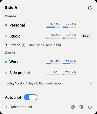 Side A in the menu bar, showing each account's 5-hour and weekly limits